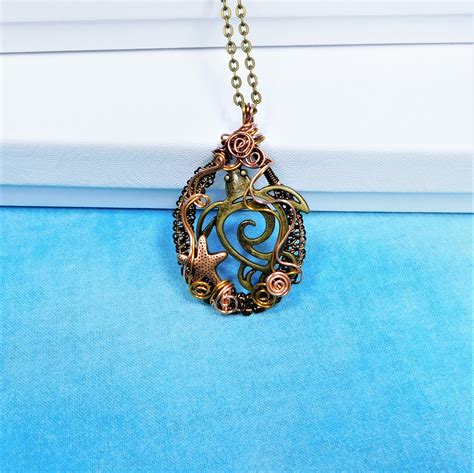 Woven Copper Sea Turtle Necklace Artistic Handmade Wire Wrapped