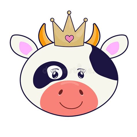 Beautiful Cartoon Cow Princess In Crown On The White Background Stock
