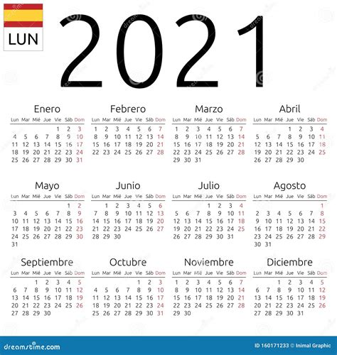 Calendario 2021 EspaÃ±ol Lunes Ilustración Del Vector Ilustración De Todos Legible 160171233