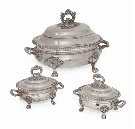 An Old Sheffield Plate Soup Tureen And A Similar Pair Of Sauce Tureens
