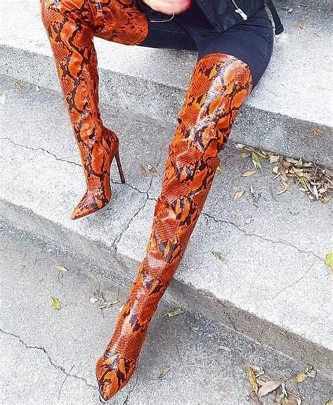 Sexy Snake Skin Boots Pointed Toe Thin Heels Thigh High Boots For Plus