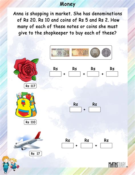 Identifying coins, including matching coins to their value and name, and counting coins. Currency - Grade 1 Math Worksheets - Page 2