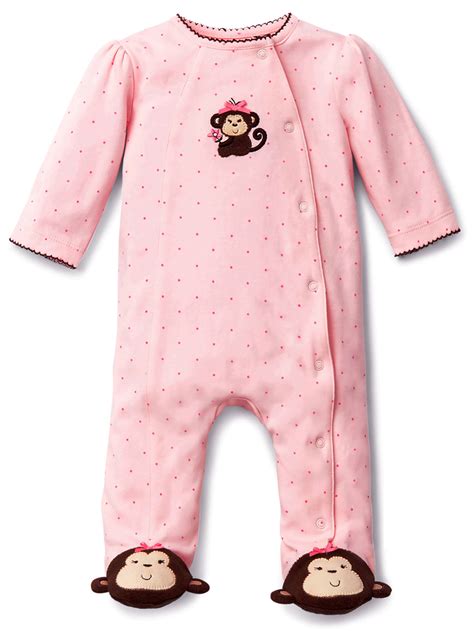 Ltm Baby Pink And Brown Sweet Monkey Snap Front Footie Pajamas For