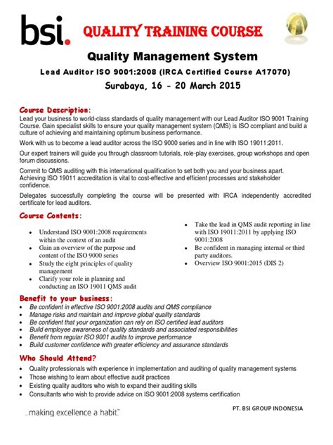 Flyer Irca Lead Auditor Iso 9001 Quality Management Systems Surabaya