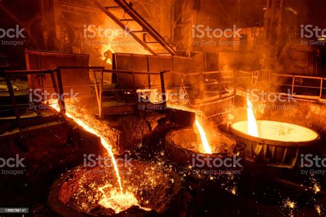 Blast Furnace Slag And Pig Iron Tapping Molten Metal And Slag Are
