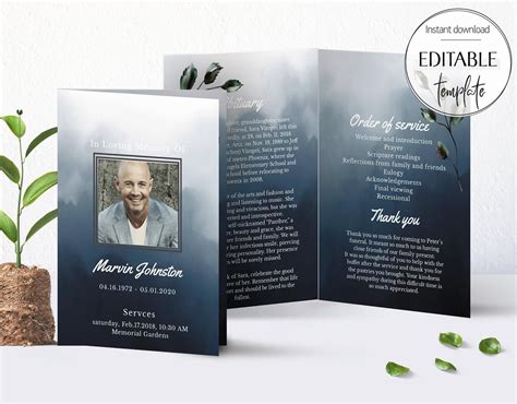 Editable Funeral Program Template Blue Funeral Service Etsy
