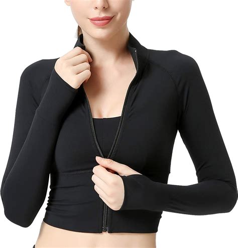 Womens Cropped Workout Jacket Front Zip Stretchy Fitted Long Sleeve