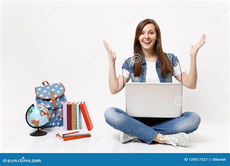 Young Excited Amazed Woman Student Holding Laptop Pc Computer And