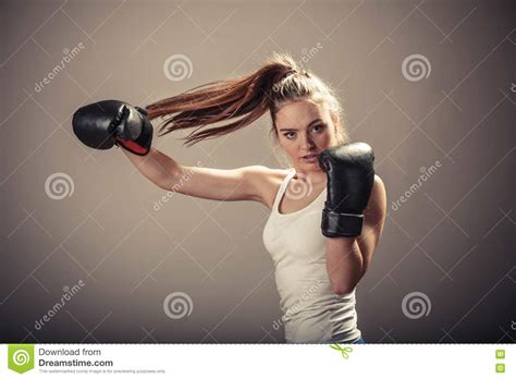 Energetic Young Woman Fight With Boxing Gloves Stock Image Image Of