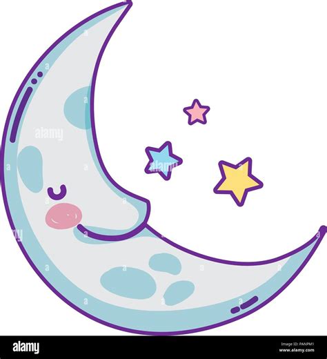 Kawaii Feliz Luna Con Estrellas En El Cielo Imagen Vector De Stock Alamy