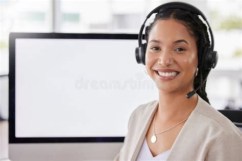 Woman Call Center Portrait And Blank Computer Screen With Smile For