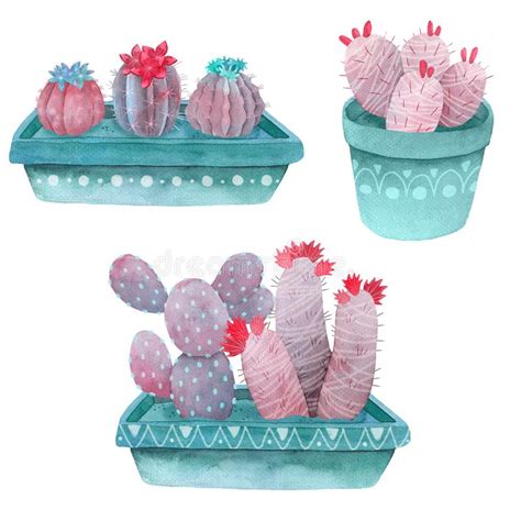 Watercolor Cactus Set Green Blue Pink And Violet Colors Stock