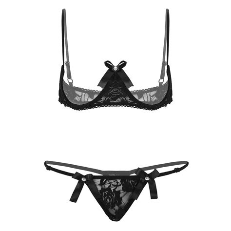 Buy Womens Lace Lingerie Set Underwired Exposed Breasts Shelf Bra With Mini G String Thong