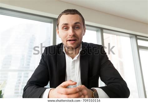 Portrait Handsome Businessman Looking Camera Talking Stock Photo