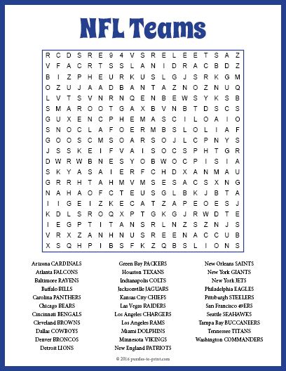 Nfl Teams Word Search Nfl Word Search Activity Shelter Rivera Greg