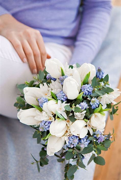 Blue Muscari And White Flower Bouquet Tulip Bouquet Wedding Flower