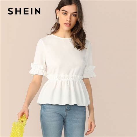 Shein Ruffle Trim Peplum White Blouse Women Clothes 2019 Cute Round Neck Short Sleeve Summer