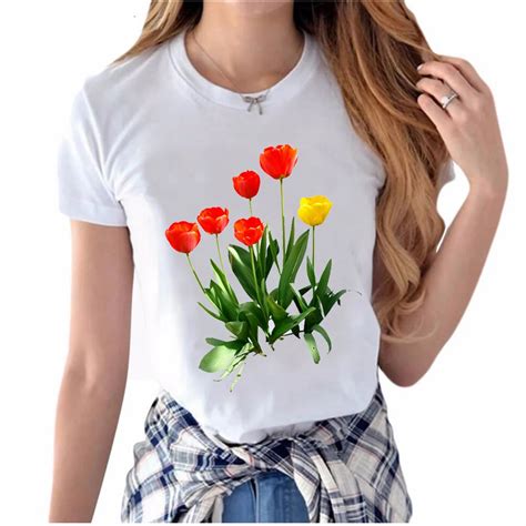 Tulips Printed T Shirt Women Short Sleeve O Neck Casual Tops Summer Fashion Beautiful Flowers
