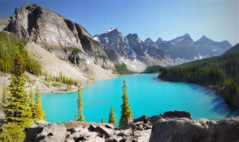 Canada Mountains Landscape Moraine Lake Stock Photo