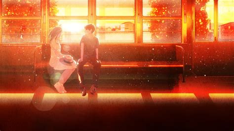 Download 1920x1080 Anime Couple Romance Sunset Train Trip Scenic