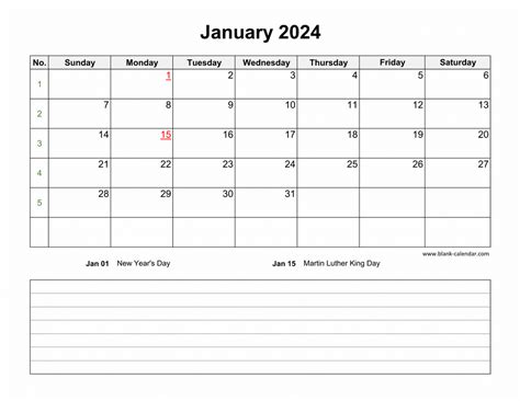 Download January 2024 Blank Calendar With Space For Notes Horizontal