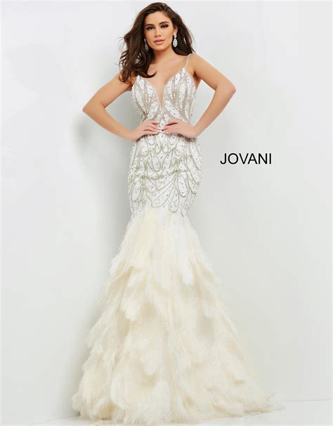 Jovani 04625 Off White Beaded Feather Bottom Prom Dress