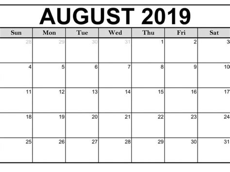 Editable August 2019 Printable Calendar Blank Template