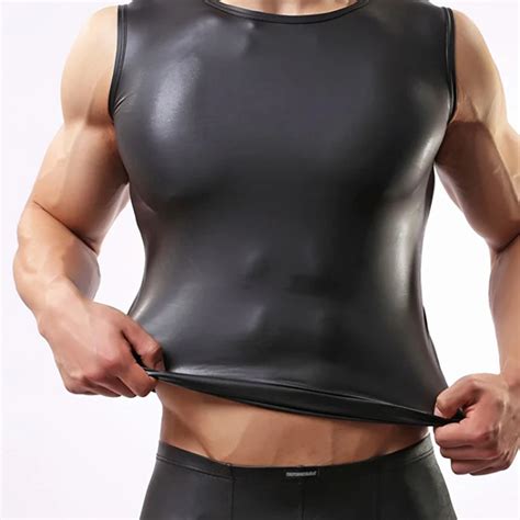 Aiiou Sexy Men S Tight Tank Tops Sleeveless Black Faux Leather Male