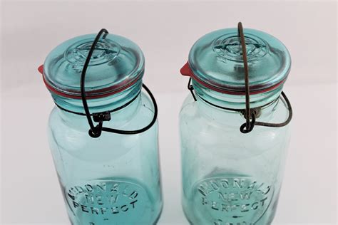 Antique Pair Of Mcdonald Blue Mason Canning Jars With Glass Lids