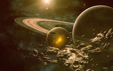 Outer Space Planets Rings Digital Art Science Fiction Asteroids Qauz Wallpapers Hd