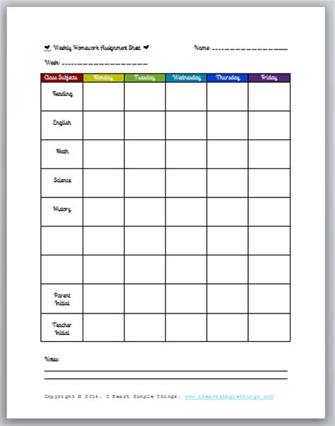 Free Printable Weekly Homework Assignment Sheet Teaching Pinterest