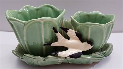 Vintage Mccoy Green Double Tulip Planter With Bird By Vintagenorth44 On