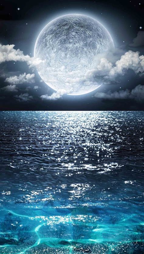 An Image Of The Moon Over The Ocean With Clouds And Stars In The Night Sky