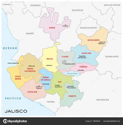 Jalisco Administrative Political Vector Map Mexico — Stock Vector