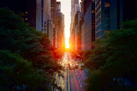 Wallpaper City Sunset Sun Manhattan Road Cars Spring Light