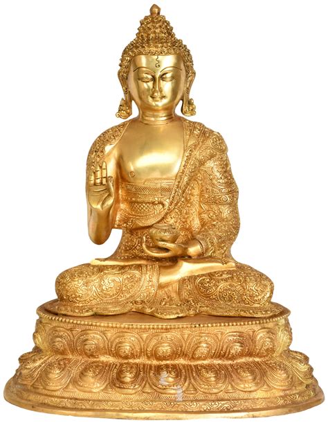 Exotic India Preaching Buddha Seated On Double Lotus Pedestal With
