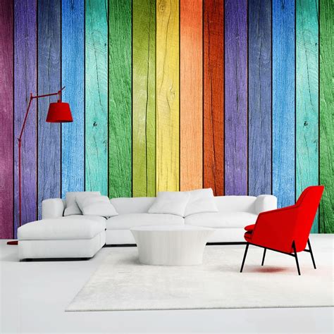 Rainbow Colored Wood Board Wallpaper Modern Art Interior