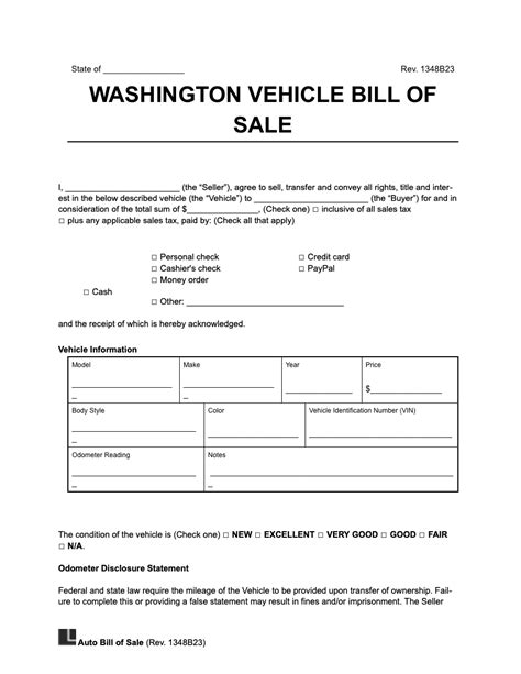 Free Washington Motor Vehicle Bill Of Sale Form Pdf And Word