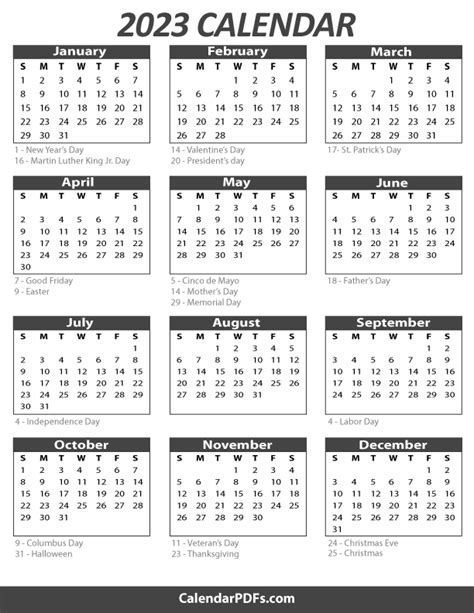 2023 Printable Yearly Holiday Calendar On One Page Download Print