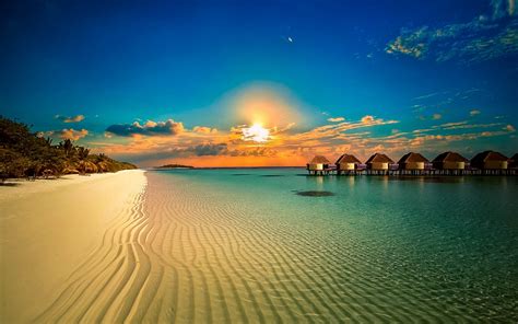 Download Sand Horizon Sunset Hut Bungalow Ocean Beach Tropical Man Made
