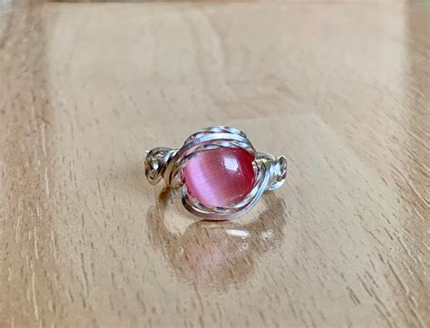 pink cats eye ring size 7 silver cats eye ring wire wrapped etsy