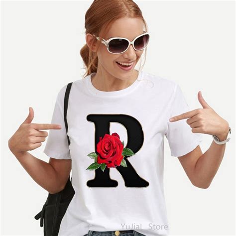 Rose Flower Alphabet R Print Women Tshirts Vogue Funny T Shirt Femme Harajuku Oversized Shirt
