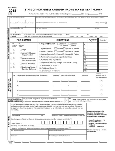 Form Nj 1040x 2018 Fill Out Sign Online And Download Fillable Pdf