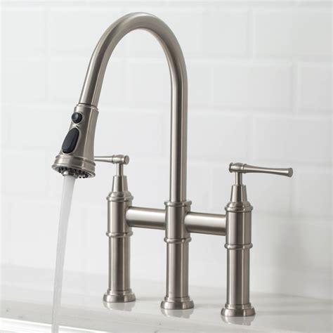 Kraus Allyn Transitional Bridge Kitchen Faucet With Pull Down Sprayhead In Spot Free Stainless