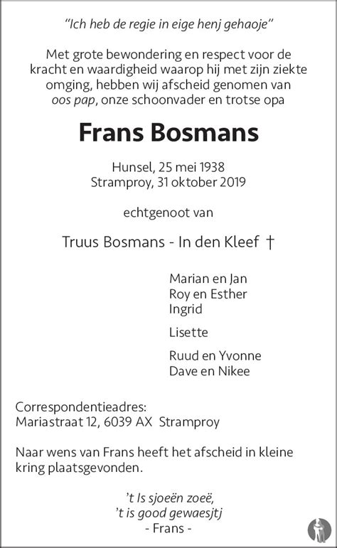 Frans Bosmans 31 10 2019 Overlijdensbericht En Condoleances Mensenlinqnl