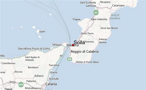 Karte von sizilien (insel in italien) mit städten, orten, straßen, flüssen, seen, bergen und landmarks. Scilla Location Guide