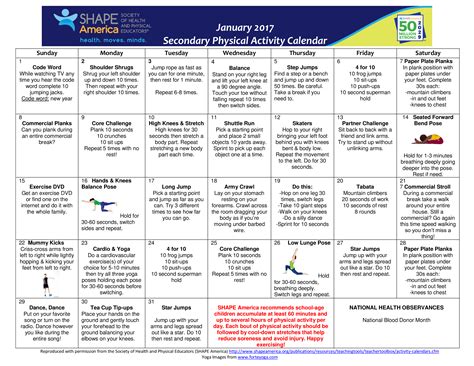 Physical Activity Calendar | Templates at allbusinesstemplates.com