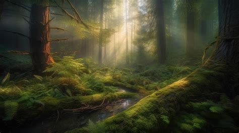 Premium Ai Image Misty Forest With Sun Rays And Lush Greeneryxa