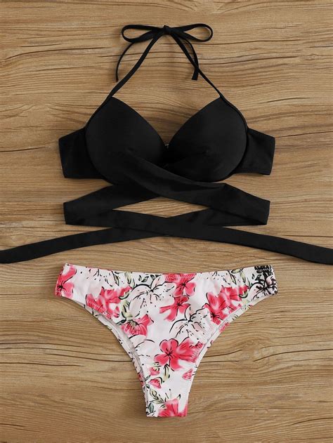 Black Wrap Push Up Halter Top Swimsuit With Floral Panty Bikini Bottom