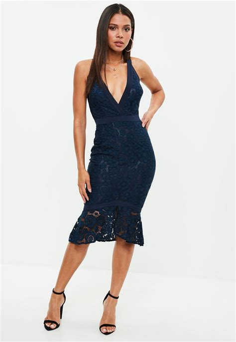 Missguided Navy Strappy Lace Frill Hem Midi Dress